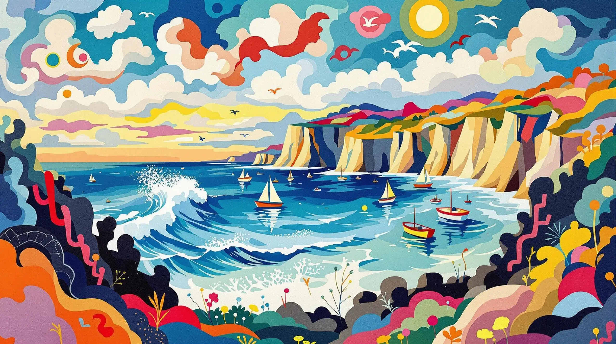 An abstract and colorful depiction of a coastal scene, with dynamic waves, colorful boats, and a playful sky.
