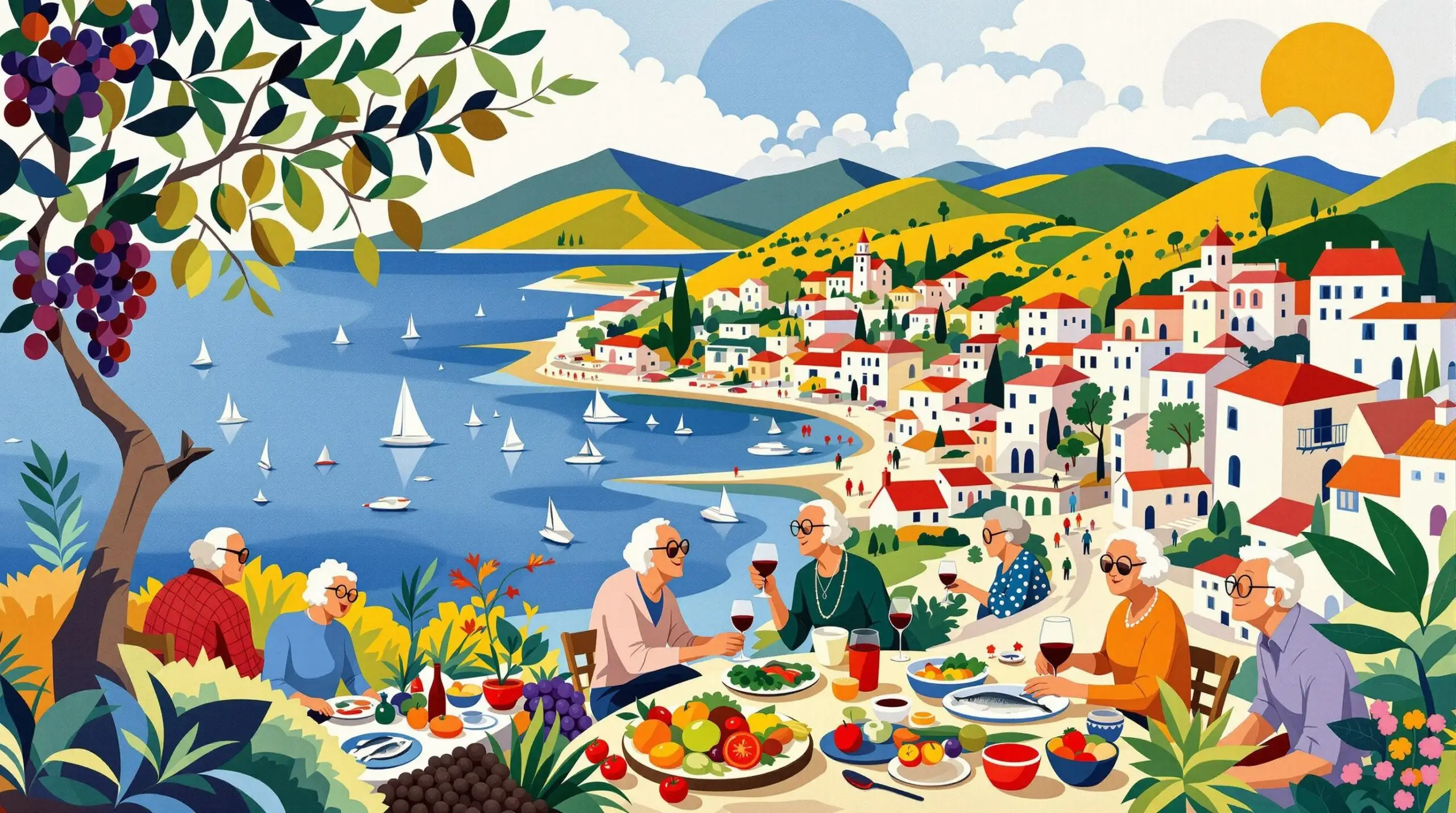 Colorful illustration of Sardinian elders in a village with elements of diet and community