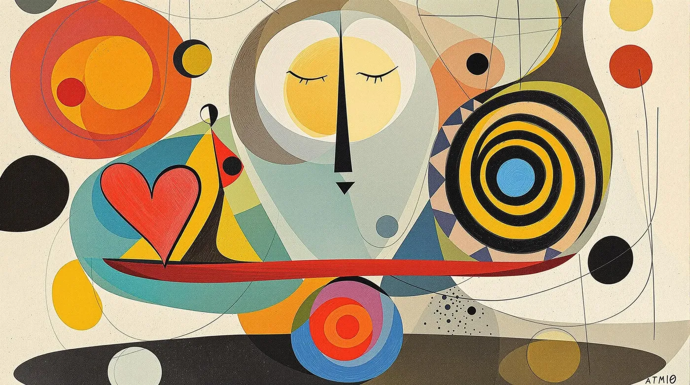 An artistic illustration of an elderly woman balancing a scale with a heart and a spiral symbol.